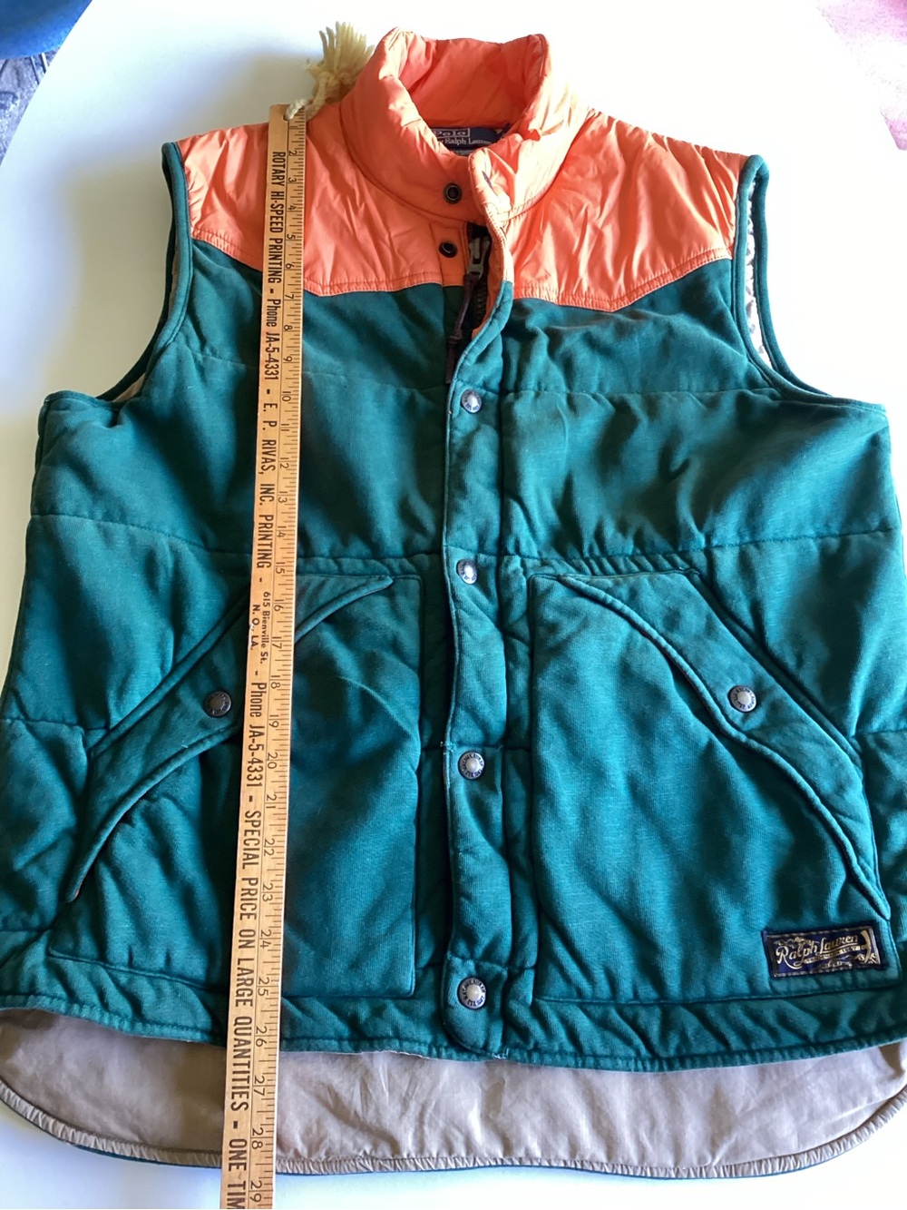 Vintage Polo Ralph Lauren Green Quilted Vest with Orange Yoke - Picture 9 of 14